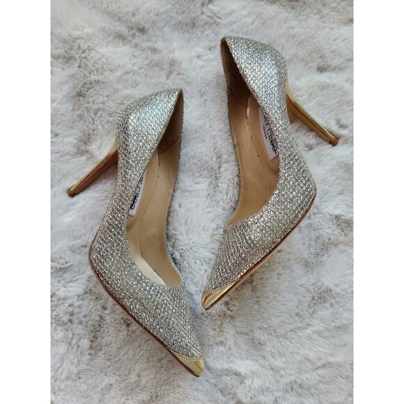 NWD Jimmy Choo AGNES Gold Metallic Glitter 85 Pumps Size EU 36.5 - Picture 1 of 15
